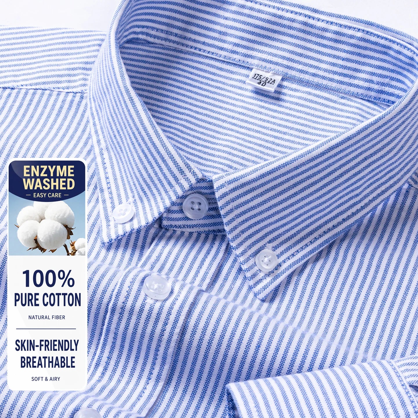 Men Cotton Oxford Shirt Long Sleeve Button Down Casual Business Shirt Pre-Shrunk Enzyme Washed Breathable Wrinkle Resistant