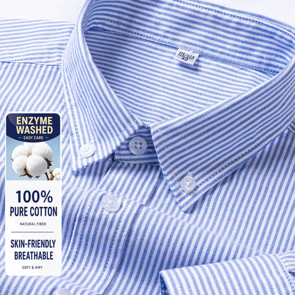 Men Cotton Oxford Shirt Long Sleeve Button Down Casual Business Shirt Pre-Shrunk Enzyme Washed Breathable Wrinkle Resistant