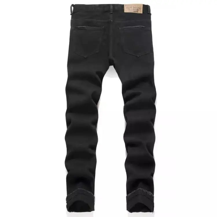 Punk Style Men's Slim Fit Straight Leg Denim Jeans Black Hole Patch Embroidery Non Stretch Fashion Urban Casual Cotton Polyes...