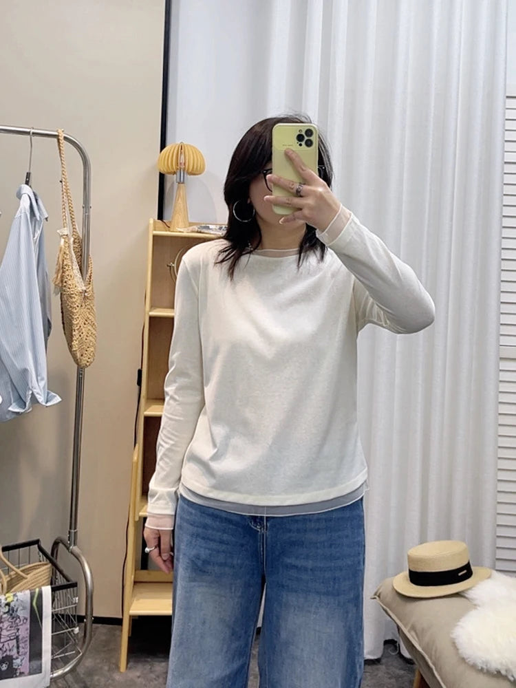 Spring New plus Size round Neck Mesh Splice Loose Long Sleeve Base Shirt Women Fat MM Slimming Belly Cover Simple T-shirt