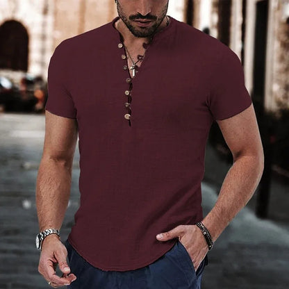 Men's Short Sleeve Linen Shirt Summer Lightweight Casual V-Neck T-Shirt Men Basic Solid Color Loose Fit Top