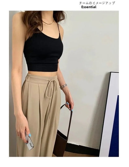 Ice Silk High Waist Wide Leg Pants Women Summer Loose Thin Straight Casual Trousers Korean Style Polyester Fiber Skin-friendl...
