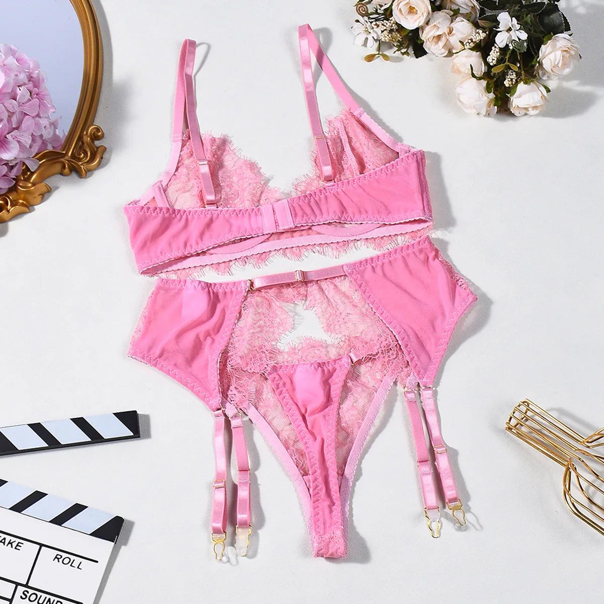 Ellolace Solid Lingeries Sexy Hot Elegant Bra Belt Thong 3PC with Leg Circles Cute Intimate Seductive Lace Tempted Underwear