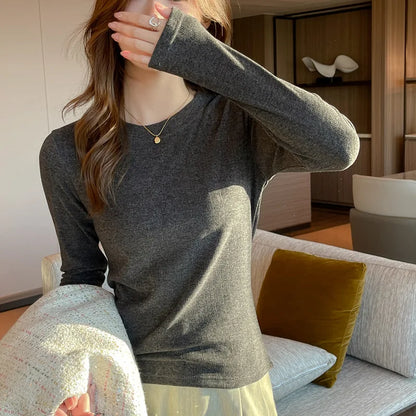 Women’s Soft-Wear Top Ribbed Crew-Neck Base Layer, Long-Sleeved T-Shirt Suitable for Layering or Wearing on Its Own