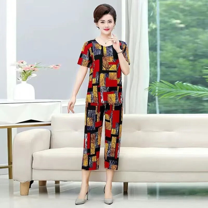 Summer 2025 Ice Silk Loose Fit Short Sleeve round Neck Two Piece Set for Middle-Aged And Elderly Casual Style Comfortable Wear