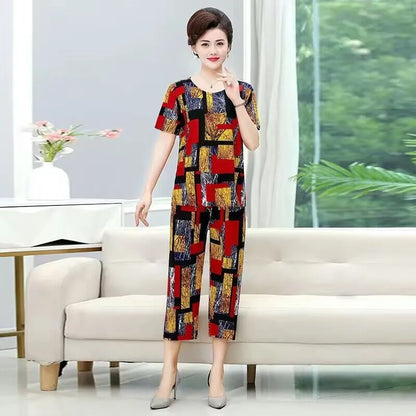 Summer 2025 Ice Silk Loose Fit Short Sleeve round Neck Two Piece Set for Middle-Aged And Elderly Casual Style Comfortable Wear
