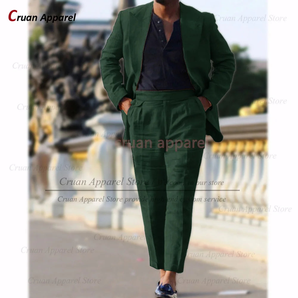 Classic Summer Linen Suit Sets For Men Smart Casual Blazer And Pants 2 Pieces Formal Evening  Fashion Slim Fit Suit Attire