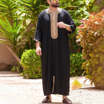 2026 Spring New Men's Loose Luxurious Embroidered Long-sleeve Ethnic Clothing With Three-quarter Sleeves Islam Elegant
