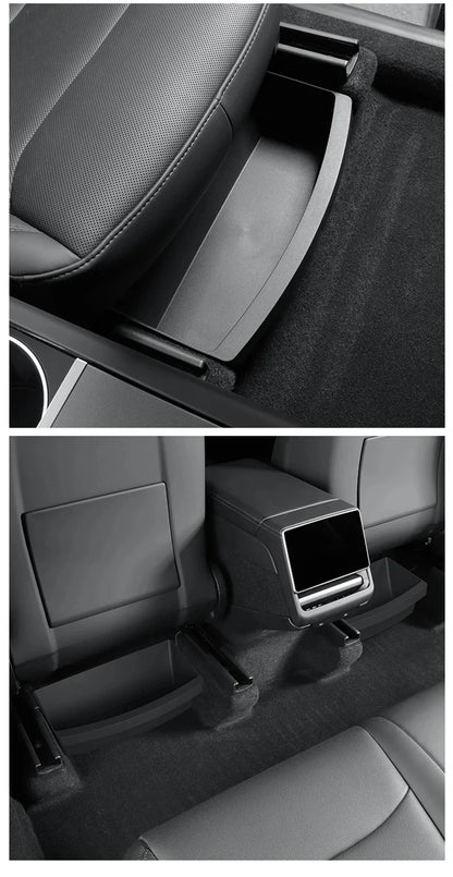 Under Seat Storage Box Organizer for Tesla Model Y Juniper 2025 2026 Underseat Storage Tray Bin Trash Can Car Travel Accessories