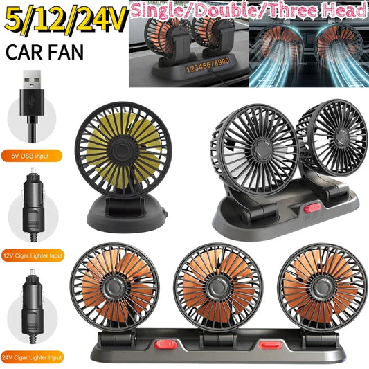 Car Fan 360° Adjustable 1/2/3 Head Air Fan Automotive Electric Fan USB/12V/24V Fan 2 Speeds Car Silent Fan for Home Desk Car