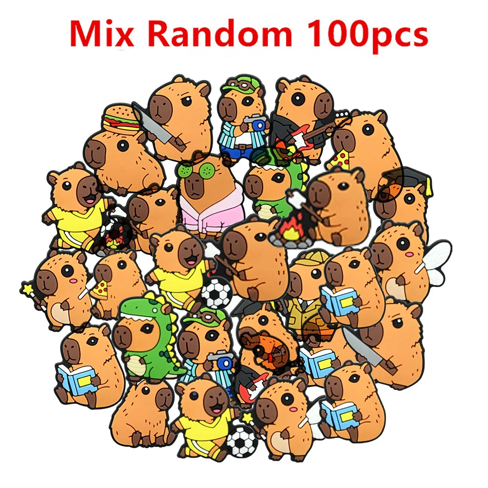 14-100Pcs Capibara Shoe Charms Cute Clog Sandal Garden Shoes Charms Ornaments Accessories Decorations for Kids Party Gifts