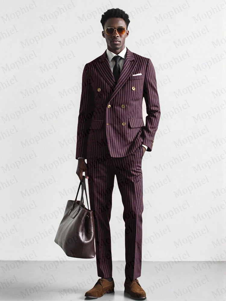 Burgundy Pinstripe Men Suits 3 Pieces Peaked Lapel Double Breasted Slim Fit Groom Suit Tuxedo Office Business Blazer Customized