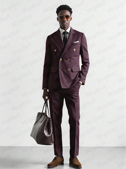 Burgundy Pinstripe Men Suits 3 Pieces Peaked Lapel Double Breasted Slim Fit Groom Suit Tuxedo Office Business Blazer Customized