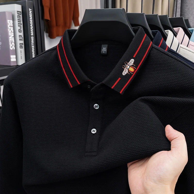 2026 Light Luxury Fashion 100% Pure Cotton Polo Shirt Men's Long Sleeved  Spring New Item Lapel Base T-shirt