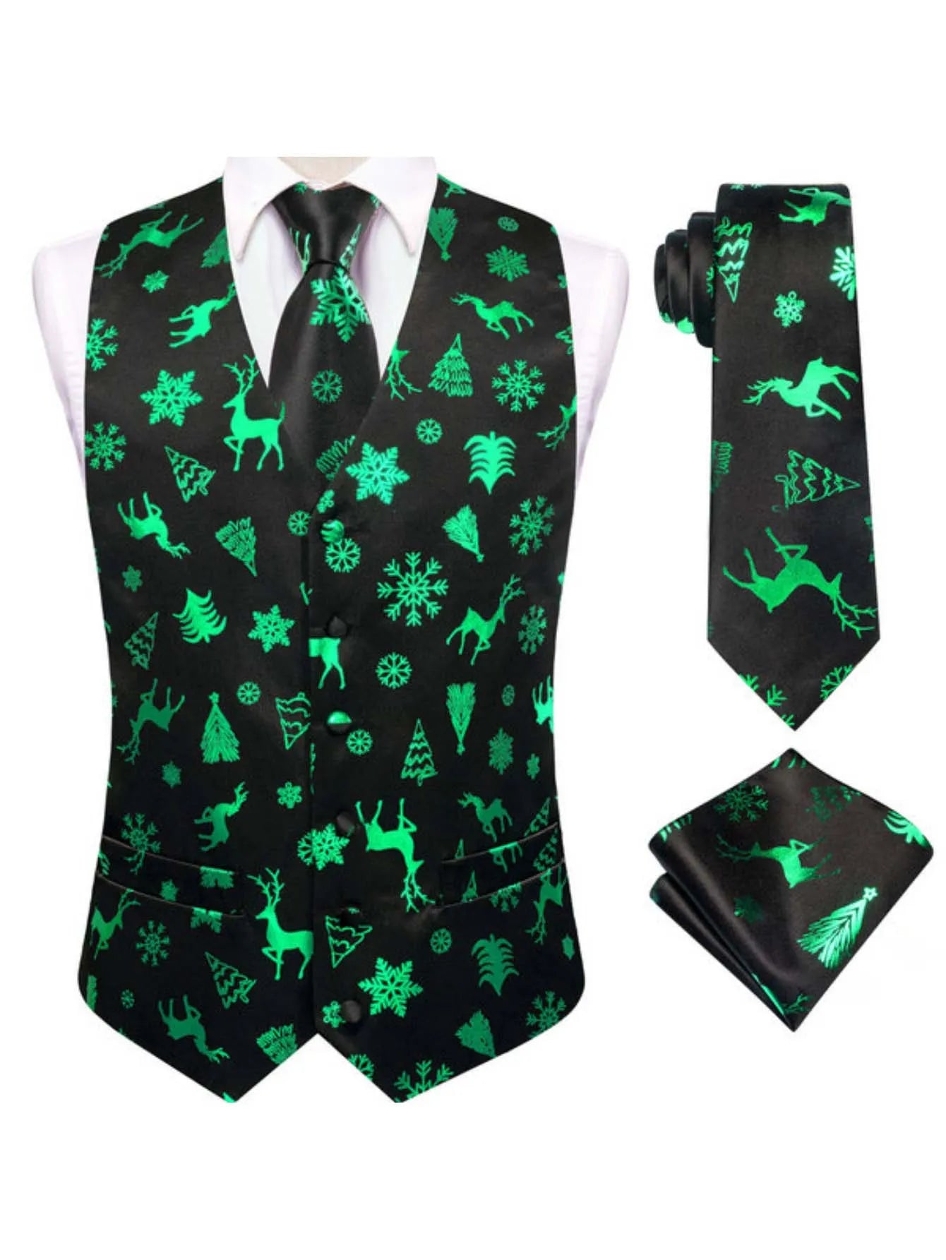 Men's Christmas Print Vest 3-Piece Set: Vest, Tie, Pocket Square, Red Blue Green Yellow for Holiday Parties