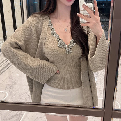 Korean Dongdaemun Rhinestone Knit Crop Top Sexy Slim Fit Versatile Solid Color Camisole Fashion Short V-neck Knitted Tank Tops