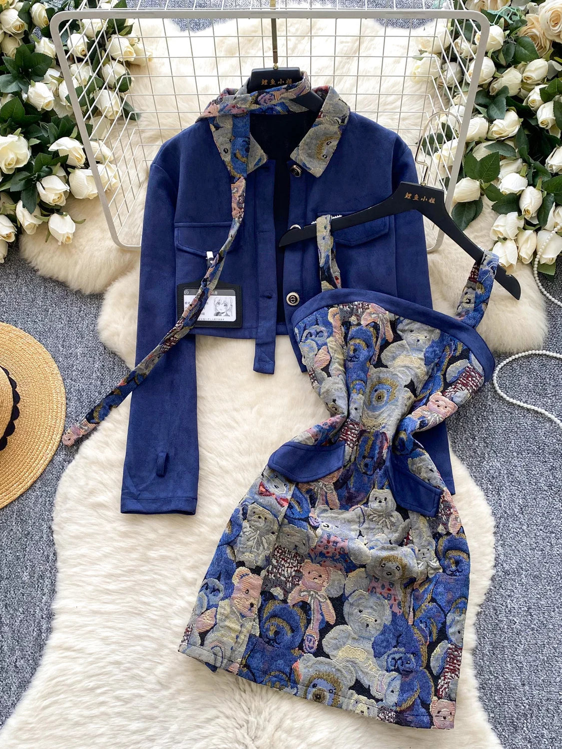 Ele Bear Embroidery Blouse And Skirt Set Women's Faionable ort Svel Suit Jaet High Waist Casual Workwear