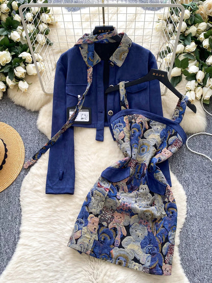 Ele Bear Embroidery Blouse And Skirt Set Women's Faionable ort Svel Suit Jaet High Waist Casual Workwear