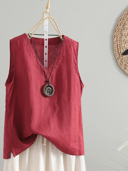 Slimming Pure Color Cotton Linen Lightweight Sleeveless round Neck Inner Wear Large Size Women's Fashionable Versatile Top