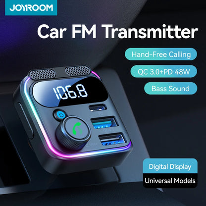 JOYROOM Bluetooth 5.3 FM Transmitter Car Adapter 48W PD & QC 3.0 USB C Car Charger Cigarette Lighter Adapter Hands-Free Calling