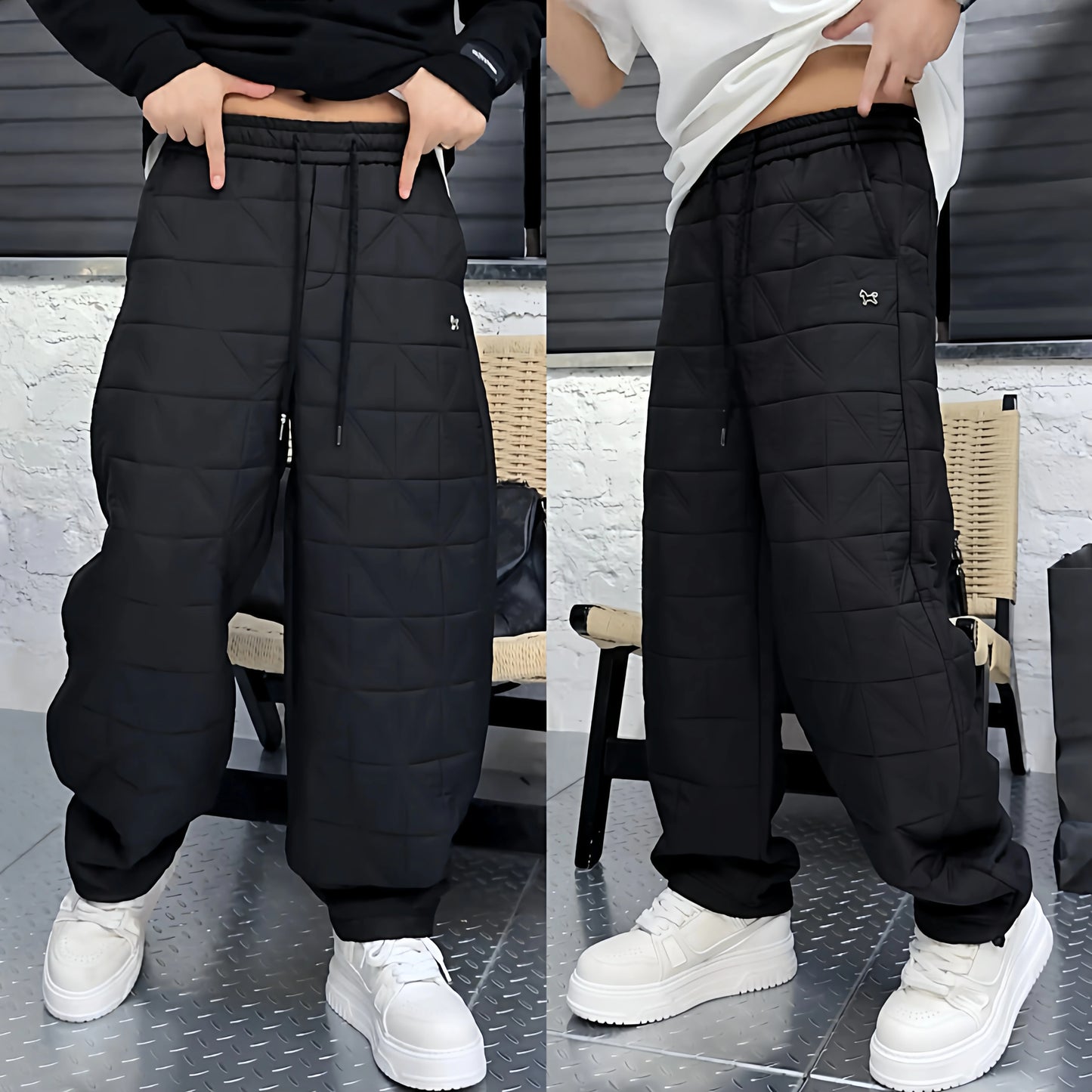 Warm Cotton Pants Men's Winter Fashion Straight Leg Thermal Trousers Thickened Flannel Drawstring Elastic Waist Casual Loose Fit