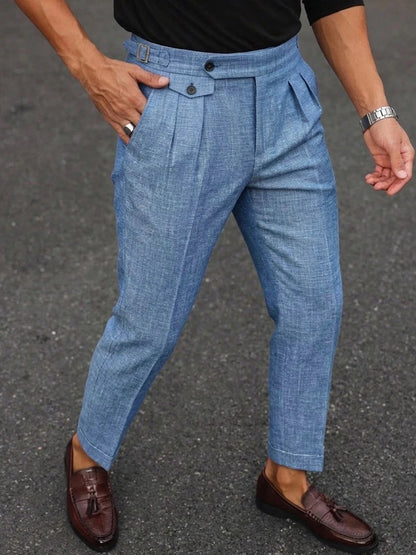 2026 SS Men's Italian Neapolitan Suit Trousers,Woven Double Pleat Pocket Button High Waist Straight Leg Business Casual Pants