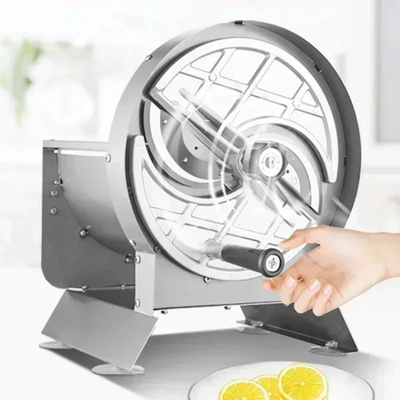 New small manual multi-function slicing machine. Cuts lemon slices, lotus root, fruits and veggies. For milk tea shops.