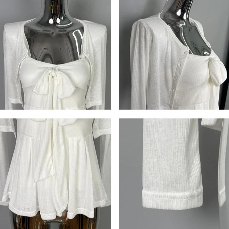 2026 Arrival Korea Dongdaemun Two Piece Set Sexy Slim Fit Bow Knot Tank Top+Elegant Solid Color Short Cardigan Women's Clothing