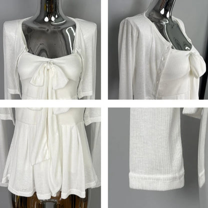 2026 Arrival Korea Dongdaemun Two Piece Set Sexy Slim Fit Bow Knot Tank Top+Elegant Solid Color Short Cardigan Women's Clothing