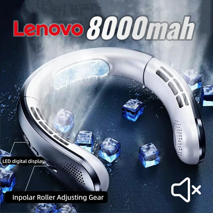 Lenovo Hanging Neck Fan LED Digital Display 8000mAh Portable Bladeless USB Rechargeable Mute Electric Air Cooler