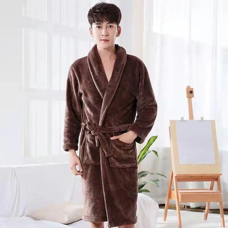 Thickened Long Coral Fleece Robe for Women Autumn Winter Plush Flannel Sleepwear Ankle-Length Men's Bathrobe Home Clothes