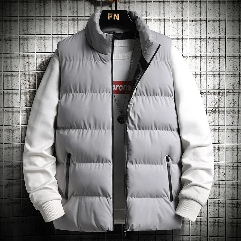 Casual jacket autumn and winter men's loose sleeveless zipper down vest men's solid color warm vest men's stand up collar jacket