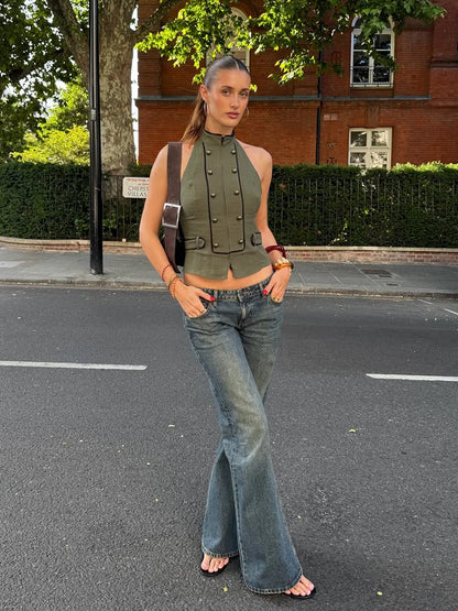 HH Military Style Halter Neck Vest for Women Spring Fall Double Breasted Open Back Sleeveless Top Casual Daily Party Office Wear