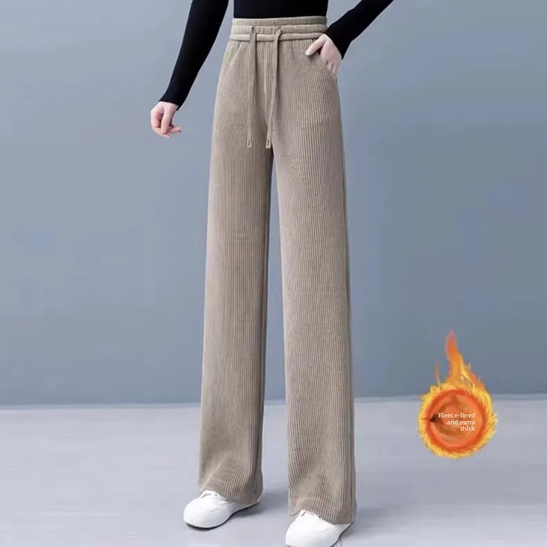 Thickened Fleece Wide Leg Pants Women's Casual Straight Cut Trousers Autumn Winter New Style High Waist Cotton Elastic Waist