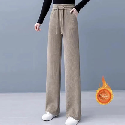Thickened Fleece Wide Leg Pants Women's Casual Straight Cut Trousers Autumn Winter New Style High Waist Cotton Elastic Waist