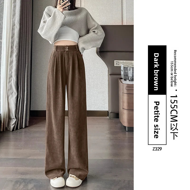 White Corduroy Wide Leg Pants Women's Autumn Winter Slim Straight Drapey Small Size Fleece Lined Suit Trousers