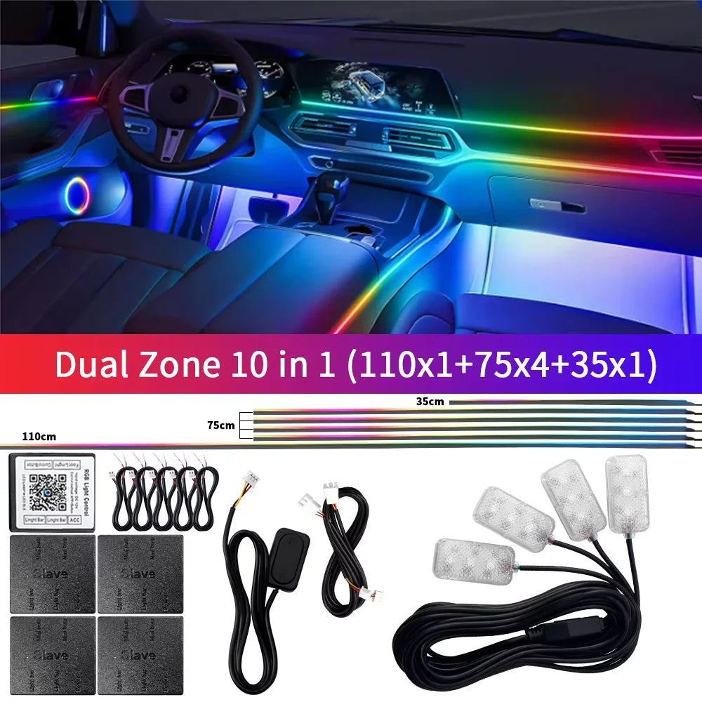 18 in 1 Dual Zone Symphony Streamer Car Ambient Light RGB 64 Colors Interior Rainbow Acrylic Strip Atmosphere Lighting kit App