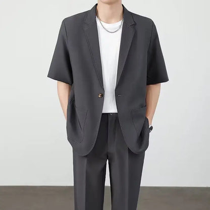 Summer Thin Ice Silk Drapey Suit Set Men's Short Sleeve Jacket Lightweight Casual Single-Breasted Suit Standard Fit Youth Trend