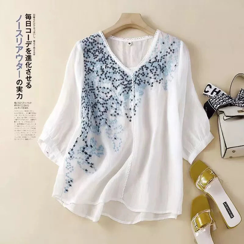 Fashion Thin Cotton Linen Y2k Tops Tee Women Clothing Summer Loose T Shirts Woman Embroidered T-shirt Blusa Casual Ladies tshirt