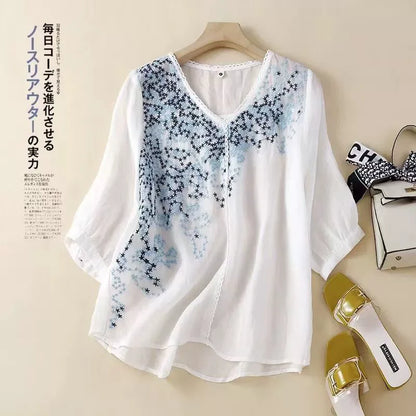 Fashion Thin Cotton Linen Y2k Tops Tee Women Clothing Summer Loose T Shirts Woman Embroidered T-shirt Blusa Casual Ladies tshirt