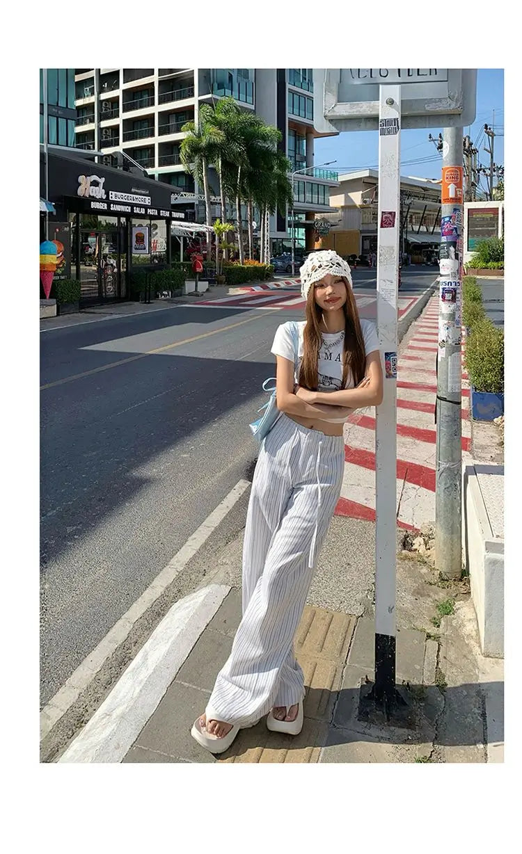 High-waist loose wide-leg pants, spring and summer new drawstring vertical striped versatile straight-leg casual pants for women