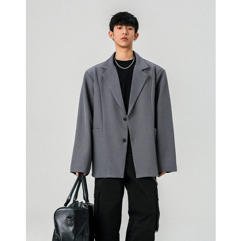 Mens Oversized Blazer Jacket Korean Streetwear Loose Fit Casual Suit Coat City Boy Spliced Outerwear Y2K Baggy Clothes K-Fashion