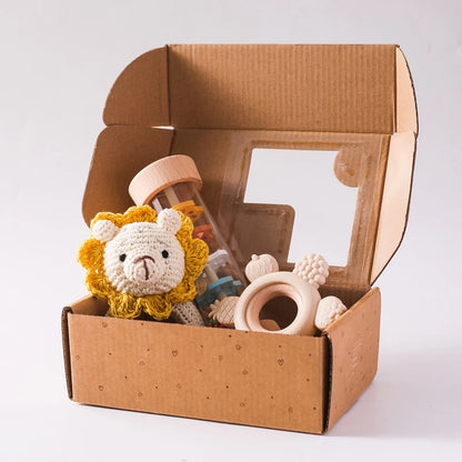 Baby Rattle Set Present Box Crochet Animal Toy Cartoon Flower Teether Rain Tube 0-12 Months Baby Sensory Toy Set Newborns Gifts
