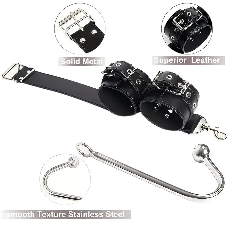 BDSM Guide of Adult Sex Products Backhand Mouth Plug Upper and Lower Handcuffs with Hooks Metal Anal Plug Leather Binding Toys
