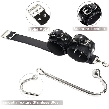 BDSM Guide of Adult Sex Products Backhand Mouth Plug Upper and Lower Handcuffs with Hooks Metal Anal Plug Leather Binding Toys