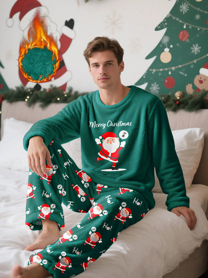Men's Christmas-themed fleece pajama set, featuring a long-sleeve top and matching pants, comfortable and casual loungewear