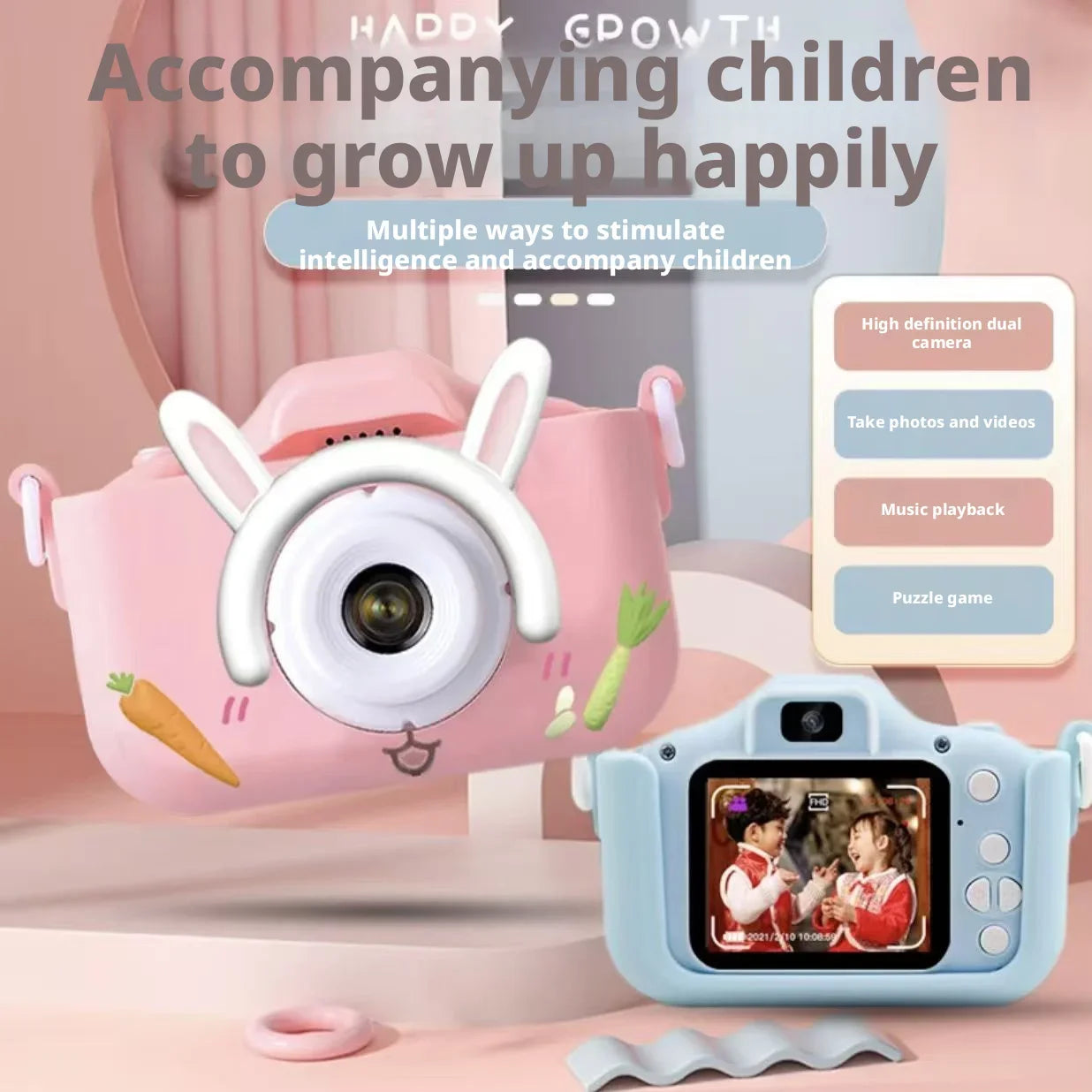 2026 New Rabbit Cartoon Kids Camera HD Dual Lens Selfie Digital Camera Toy for Boys Girls Christmas Birthday Festival Gift