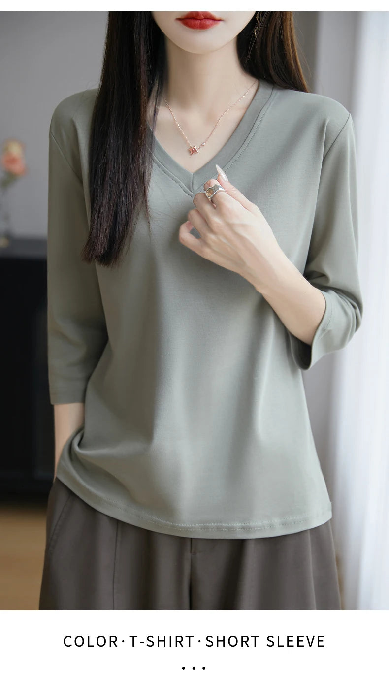 Spring And Summer New White Mercerized Cotton Cropped Sleeve T-shirt Feminine Joker 100% Cotton Bottoming Shirt Half Sleeve