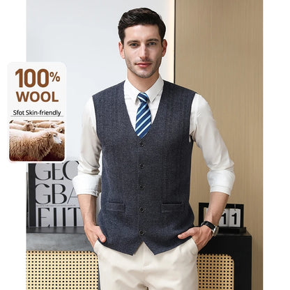 High End 100% Wool New Autum Winter Fashion Brand Knit Cardigan Slim Fit Sweater Vest V-neck Sleeveless Casual Mens Clothing
