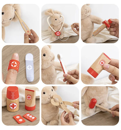 Wooden Pretend Play Doctor Educational Toys for Children Medical Simulation Medicine Chest Set for Kids Role Playing Pretend Toy